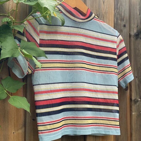 Urban Outfitters Striped Sheer Mesh Funnel Neck Top Size M - Picture 3 of 11